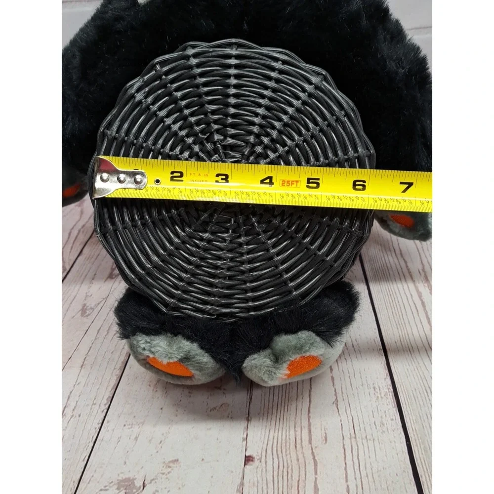 Vintage Halloween Plush Black Cat Wicker Basket Candy Trick Or Treat Decor